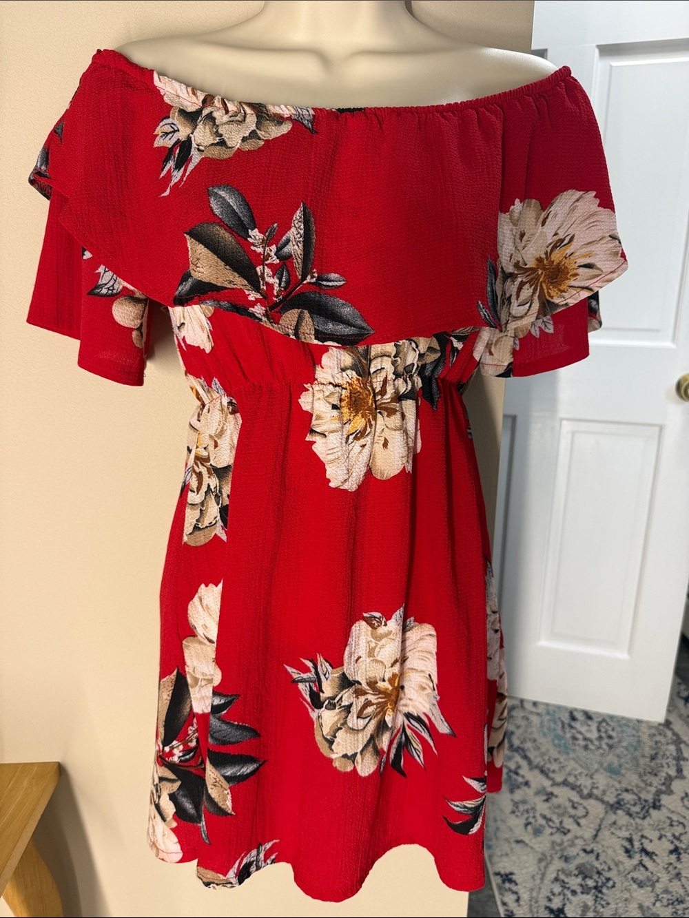 Off the shoulder red floral dress